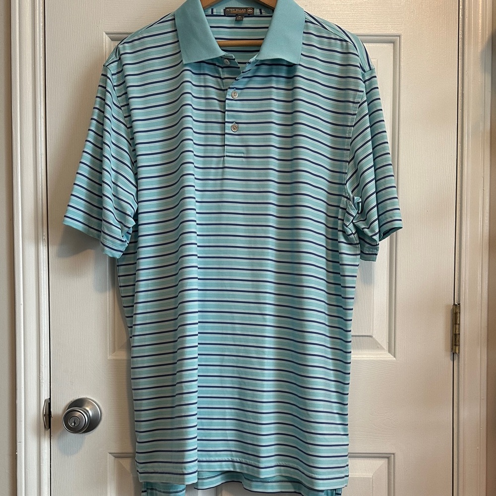 Peter Millar Men's Light Blue and Navy Striped Polo Shirt